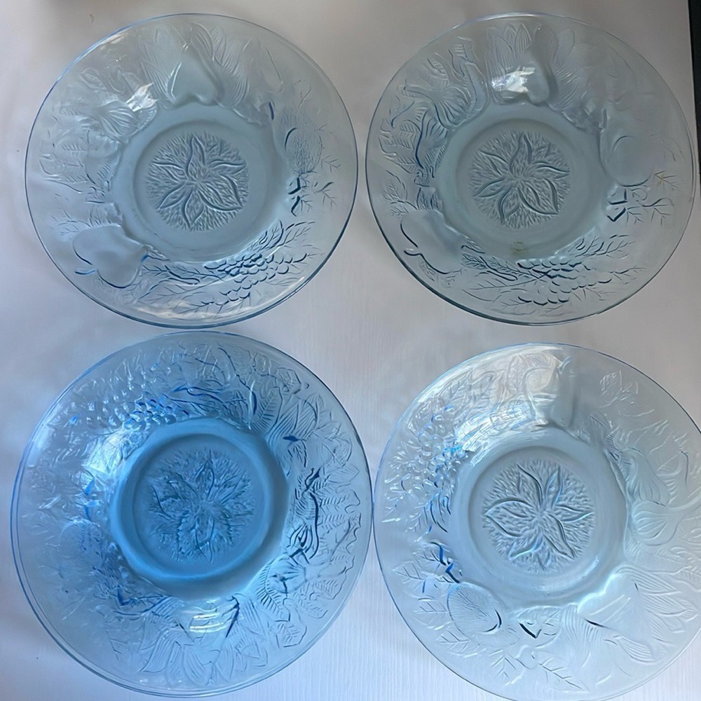 Vintage KIG 5 Ice Blue Glass Salad Plate/ Bowl Indonesia Embossed Fruit PLATE